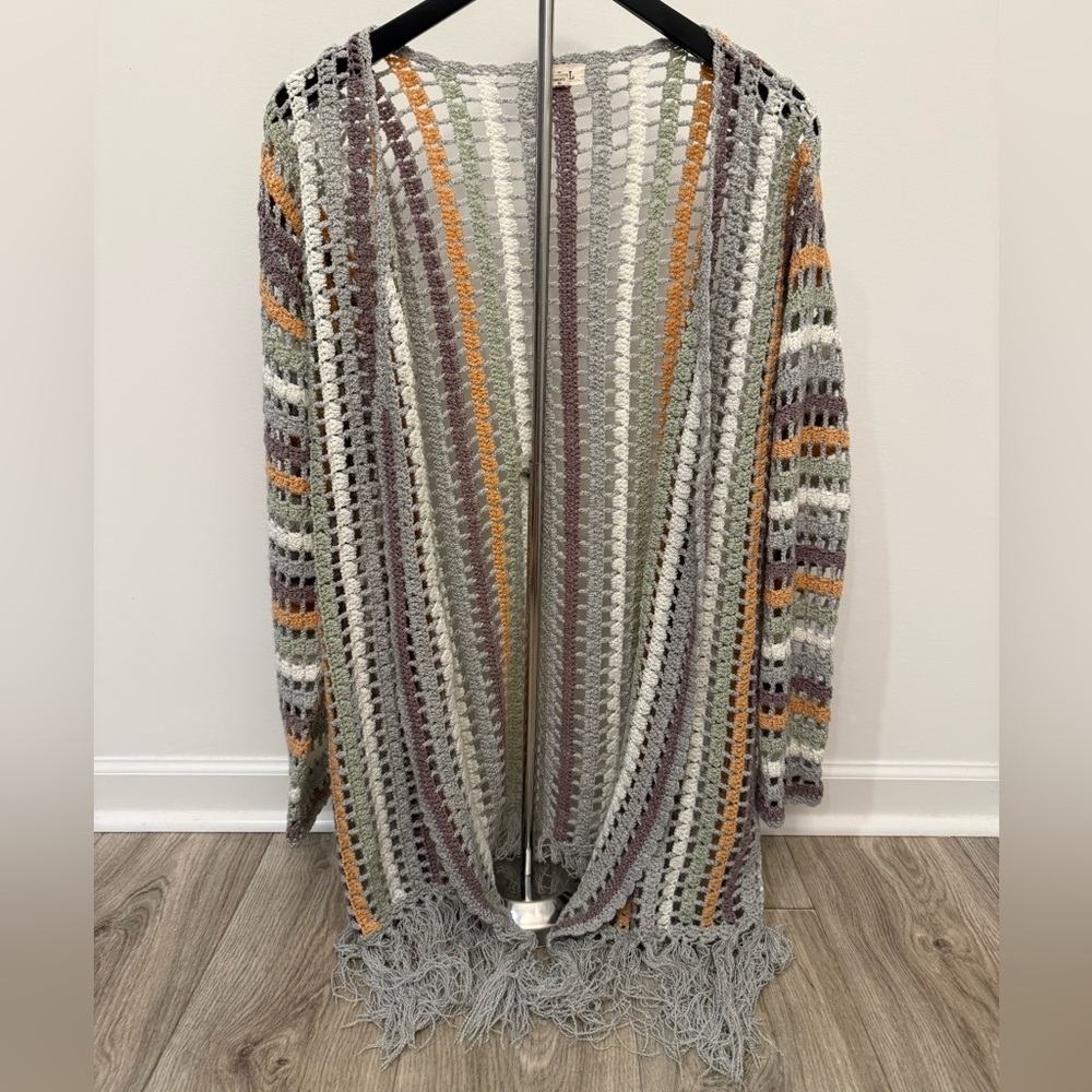 POL Open Knit Fringe Cardigan Sweater Small Neutral Boho Duster
